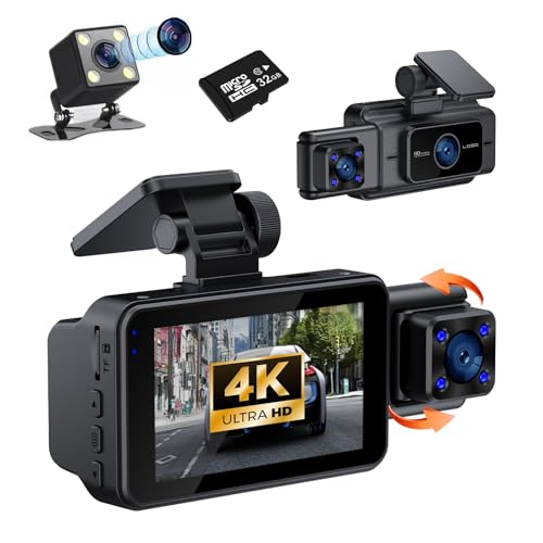 Dash Cam,4K+1080P Dash Cam Front and Inside, Dash Camera with 32GB Card, 3.0 'IPS Screen Dash cam,170° Wide Angle,3 Channel Dash Cam Built-in G-Sensor,Loop Recording,WDR,Night Vision,24H Parking Moni