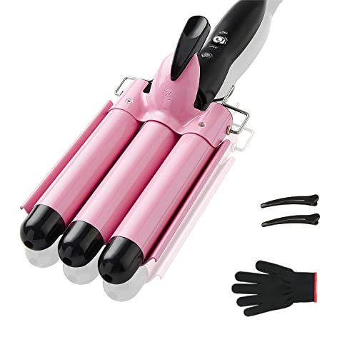 3 Barrel Curling Iron Hair Crimper, TOP4EVER 25mm（1 inch ） Professional Hair Curling Wand with Two Temperature Control,Fast Heating Portable Crimpers for Waving Hair (Pink)