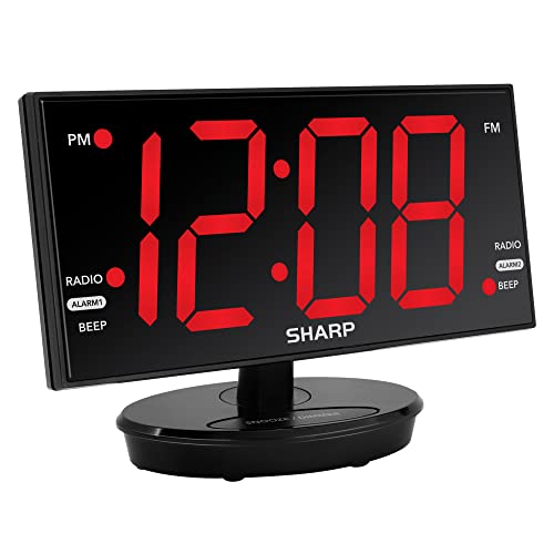 SHARP Digital Alarm Clock, 8.9' Extra Large LED Clock with Tilt and Swivel Display, AccuSet Automatically Sets The Time, Dual USB Charger Ports, FM Radio, 3 Level Adjustable Dimmer Brightness