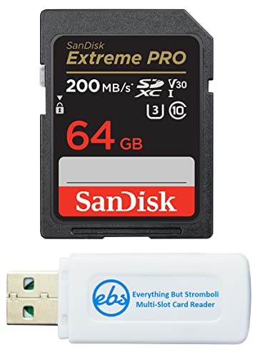 SanDisk 64GB SDXC SD Extreme Pro Memory Card Works with Canon EOS R, RP, M, M10 Mirrorless Camera Class 10 UHS-I (SDSDXXU-064G-GN4IN) Bundle with (1) Everything But Stromboli Multi Slot Card Reader