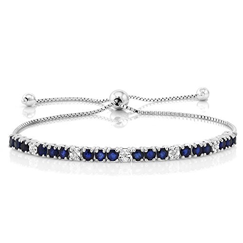 Gem Stone King 925 Sterling Silver Blue Sapphire and White Diamond Tennis Bracelet Jewelry for Women (2.05 Cttw, Gemstone Birthstone, Fully Adjustable Up to 9 Inch)