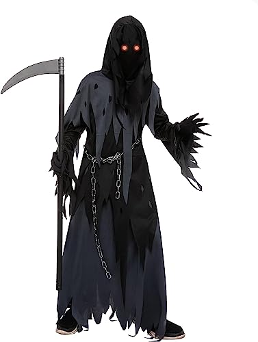 Spooktacular Creations Glowing Eyes Grim Reaper Costume for Kids, Dark Knight Reaper Phantom Costume for Halloween Dress Up-M(8-10yr)