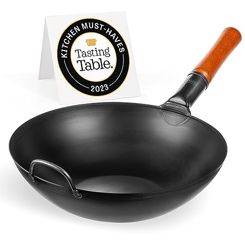 YOSUKATA Carbon Steel Wok Pan – 13,5 “ Stir Fry Pans - Chinese Wok with Flat Bottom Pow Wok - Traditional Japanese Woks - Black Carbon Steel