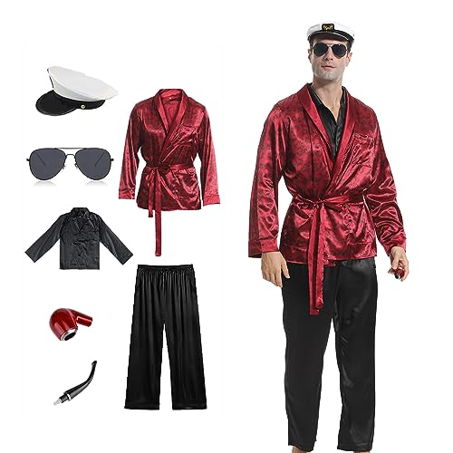 ATTBEA Halloween 6 PCS ThePajamaMan Costume for Unisex, Mogul Outfits Jacket Robe Coat and Black Silk Shirts Pants, Sailor Hat