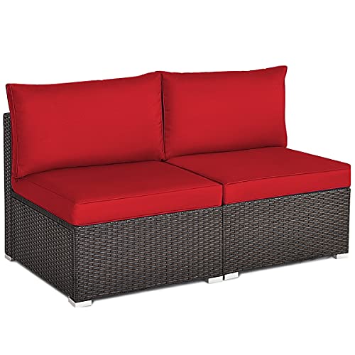 Tangkula 2 PCS Outdoor Wicker Armless Sofa, Patio Rattan Sectional Sofa Set w/2 Thick Seat Cushions and 2 Back Cushions, Additional Seats for Balcony Garden Patio Poolside (Red)
