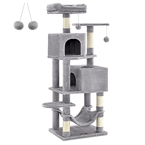 Feandrea Cat Tree, 61-Inch Cat Tower for Indoor Cats, Plush Multi-Level Cat Condo with 5 Scratching Posts, 2 Perches, 2 Caves, Hammock, 2 Pompoms, Light Gray UPCT192W01