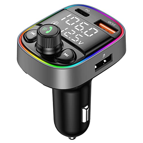 LIHAN AUX USB C Bluetooth Car Adapter, Wireless Handsfree Call, Plug for FM Transmitter Radio Receiver, QC3.0 & Type-C USB Car Charger Port, 7 Color Backlit with 2 LED Displays, TF Card & Music Player