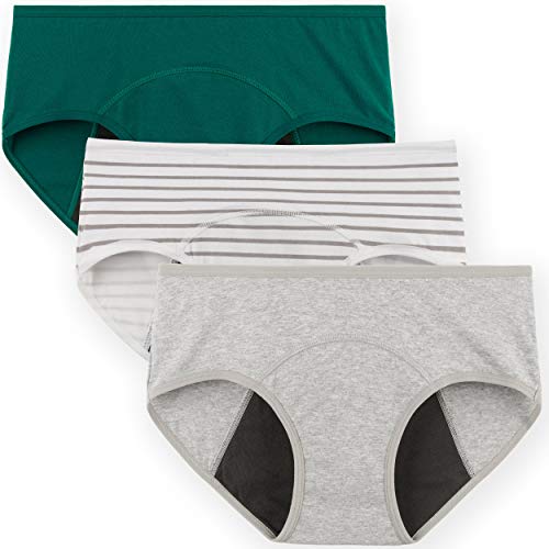 INNERSY Womens Period Underwear Mid Low Waisted Cotton Postpartum Maternity Panties 3 Pack(Medium,Green&Stripe&Gray)