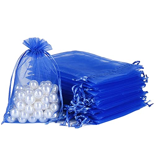 HRX Package Royal Blue Organza Bags 100pcs, 4 x 6 inch Mesh Drawstring Gift Bags Jewelry Pouches Small Sachet for Christmas Candy Party Favor