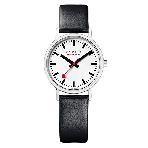 Mondaine Classic A658.30323.11SBB Womens Watch 30mm - Official Swiss Railways Wrist Watch Black Leather Strap 30m Waterproof Stainless Steel case Red Second Hand