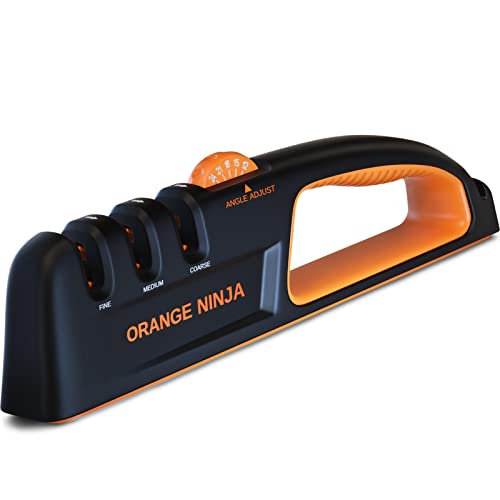 Orange Ninja Knife Sharpeners for Kitchen- 5 Adjustable Sharpening Angle- Premium Quality - Handheld Knives & Pocket Knife Sharpener by Sharp Pebble