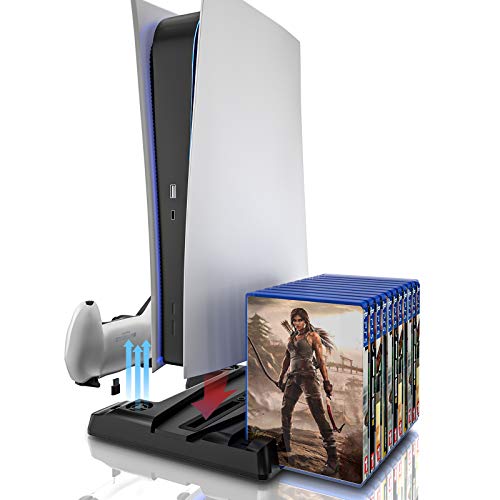 ECHZOVE PS5 Stand with Controller Charger and Cooling Fan, PS5 Digital/Disc Version Stand, PS5 Controller Charger with USB C Cable, PS5 Cooling Stand