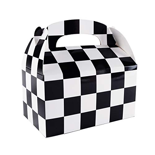 Super Z Outlet 12 Pack Black and White Checker Racing Flag Pennant Treat Gift Paper Cardboard Boxes with Handles for Candy Goodie Bags, Picnic Snacks, Birthday Party Favors (6.25' x 3 1/2' x 3.25')