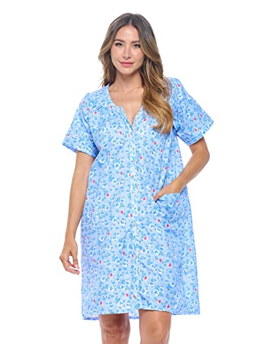 Casual Nights Womens Snap Front House Dress Short Sleeve Woven Housecoat Duster Lounger Robe, Garden Blue, X-Large
