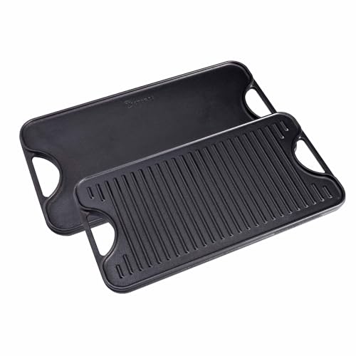 Victoria Rectangular Cast Iron Griddle. Double Burner Griddle, Reversible Griddle Grill, 13 x 8.5 Inch, Seasoned with 100% Kosher Certified Non-GMO Flaxseed Oil, Model: GDL-189