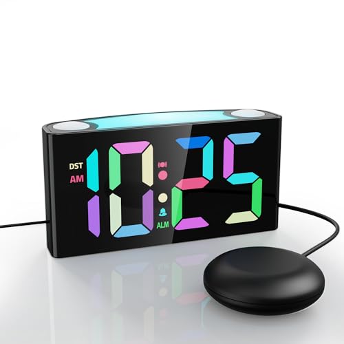 Loud Vibrating Alarm Clock for Heavy Sleepers - Plug-in Digital Bedroom Clock with Bed Shaker,RGB LED Display,7 Color Night Light with Dimmer,Perfect for Kids,Teens,Elders,Hearing Impaired,Easy to Set