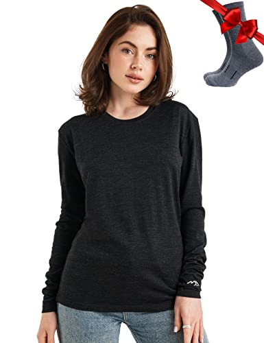 Merino.tech Merino Wool Base Layer Women 100% Merino Wool Lightweight Long Sleeve Thermal Shirts + Wool Socks (Medium, 165 Heathered Black)