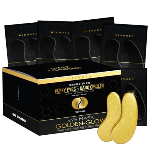 DERMORA Golden Glow Under Eye Patches (50 Pairs Eye Gels) - Rejuvenating Treatment for Dark Circles, Puffy Eyes, Refreshing, Revitalizing, Travel, Wrinkles