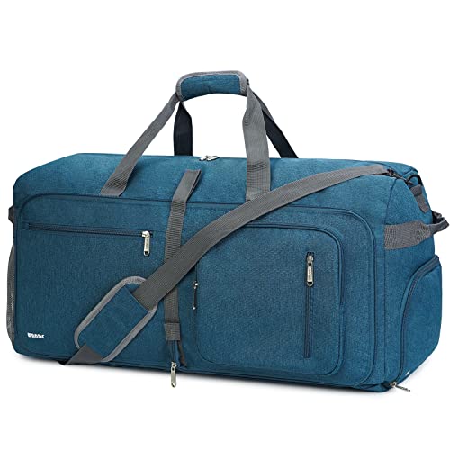 WANDF Foldable Duffel Bag 65L with Shoes Compartment, Overnight Weekender Travel Duffle for Men Women Water-proof & Tear Resistant (Blue)