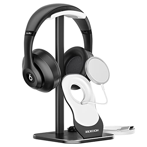 ZEXDOK Desk Headset Holder, Headphone Stand with Wireless Charger for Mobile Phone, Gaming Headset Stand Made of Pure Aluminum Alloy, Head Set Stand Suitable for All Earphone Accessories