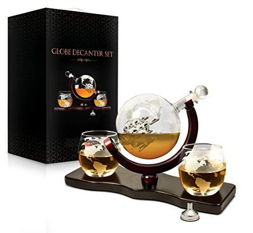 flybold Whiskey Decanter Set - Whiskey Decanter Globe Set for Men Certified Safe Great Gifts for men - Bourbon decanter Scotch Decanter Sets 28 oz Includes 2 Glasses