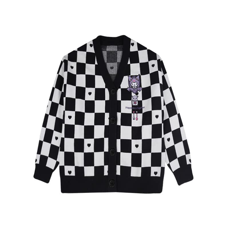 Kawaii Sweater for Women Girl Anime Plaid Kawaii Cardigan Clothes JK Uniform Cosplay Cutecore Kawaii Jacket Long (Medium, Black)