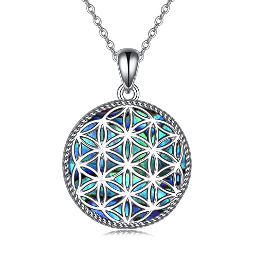 YAFEINI Flower of Life Necklace 925 Sterling Silver Abalone Shell Flower of Life Pendant Jewelry for Women Girls Men Gifts