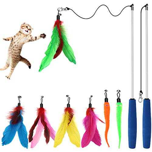 Cat Toys Feathers Wand, Interactive Cat Toy Kitten Toys 2 Retractable Cat Wand Toy and 7 Feather Teaser Refills with bells, Telescopic Cat Fishing Pole Toy for Indoor Bored Cats Gifts Exercise Pack
