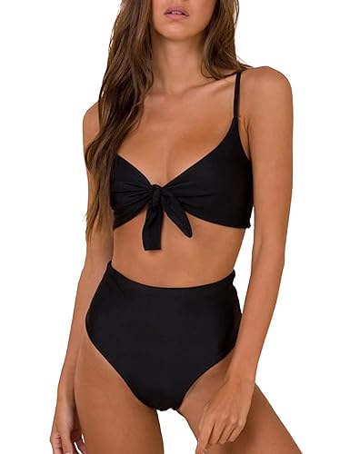 Blooming Jelly Womens High Waisted Bikini Set Tie Knot High Rise Two Piece Swimsuits Bathing Suits (Large, Black)