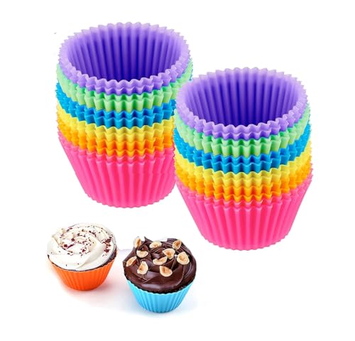 Reusable Silicone Cupcake Baking Cups 24 Pack, 2.75 inch Cups, & Non-stick Muffin Liners for Party Halloween Christmas,6 Rainbow Colors (Pack of 24,Multicolor)