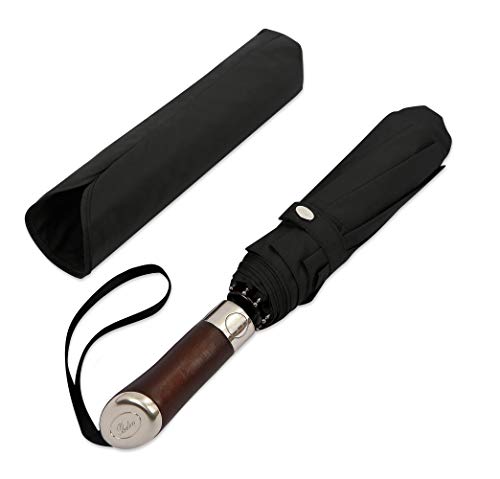 Balios (Designed in UK) Travel Umbrella Luxurious Golden Hardwood Handle Auto Open & Close Windproof Frame Single Canopy Automatic Folding Umbrella Men's & Ladies (Jet Black)