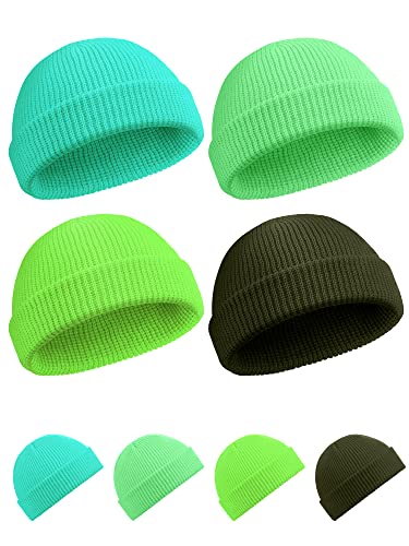 SATINIOR Winter Short Fisherman Beanie Hat Trawler Beanie Watch Hat Edge Skullcap for Men (Neon Green, Army Green, Peacock Blue, 4 Pieces)