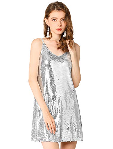 Allegra K Women's Glitter Sequin Dress V Neck Spaghetti Strap Christmas Mini Party Dress Clubwear Large Silver