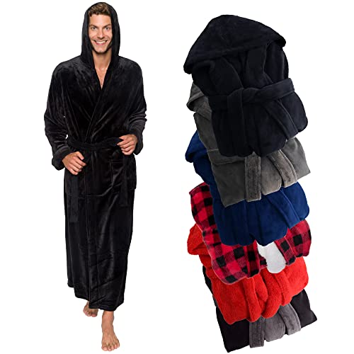 Ross Michaels Mens Robe Hooded Plush Big and Tall - Long Fleece Spa Bath Robe with Hood and Pockets - Gift for Men and Teens