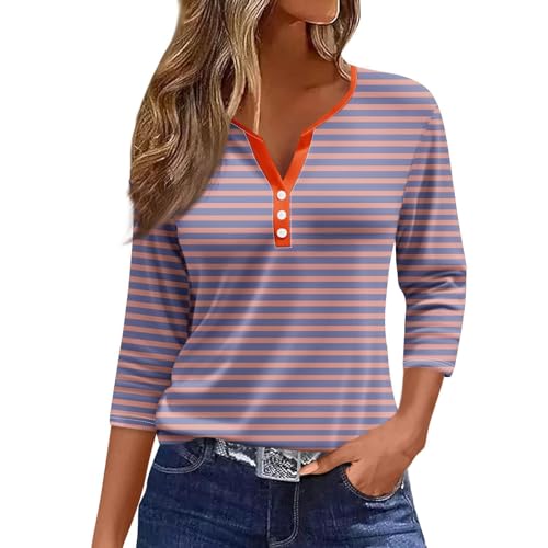 Lightning Deals of Today Prime Today'S Deals 3/4 Length Sleeve Cute Tops for Women Buttons Summer Henley Neck Women Shirts Oversized Fit Blouses for Women 2049 Three Quarter Striped Print Tee