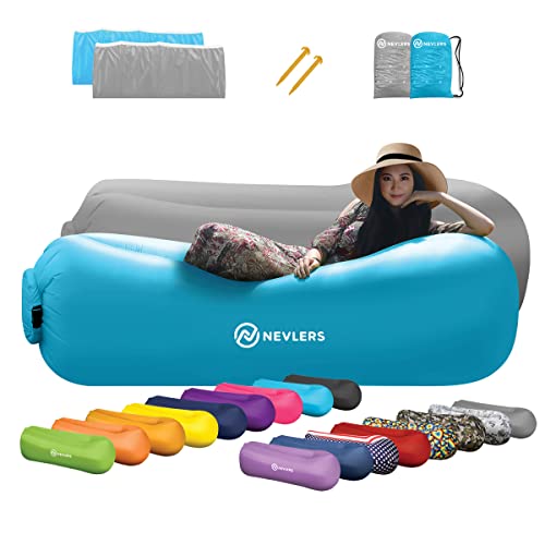 Nevlers 2 Pack Inflatable Loungers with Side Pockets and Matching Bag - Blue & Gray - Waterproof and Portable Lounger - Easy to Take to The Beach, Park, Pool, and as Camping Accessories