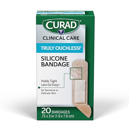 CURAD Truly Ouchless! Silicone Bandages, .75' x 3', For Sensitive or Delicate Skin, Flexible Fabric, Protects Scrapes, Cuts & Burns, 20 Count