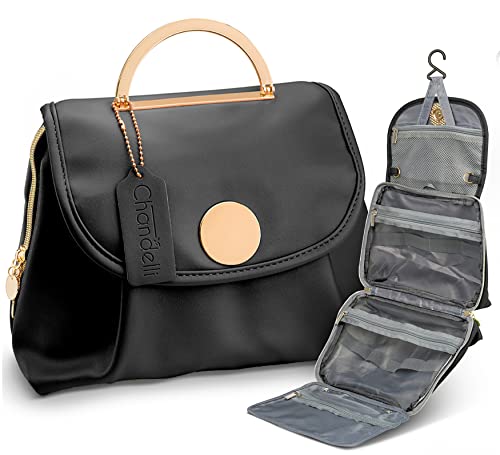 Chandelli Travel Toiletry Bag for Women with 4 Inner Pockets, Gold Accents & Hook, Waterproof, Black, Medium