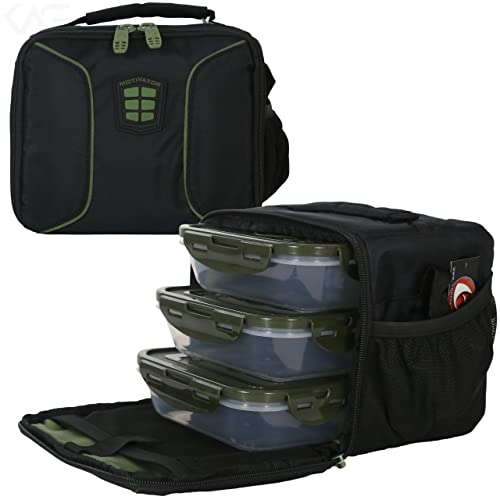 Motivator Cube Meal Prep Lunch Bag with 3 BPA-Free, Reusable, Microwavable, Freezer Safe, Portion-Controlled Containers, Lunch Box with Storage Pockets (Black/Olive)