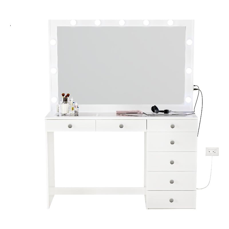 Boahaus Serena Modern Makeup Vanity with Lights, 7 Drawers, Vanity Mirror, Glass Top, Basic Knobs, New Built-in Lights Version, White Vanity Makeup Desk Version for Bedroom, 58.2''H x47.3''Wx16.9'' D