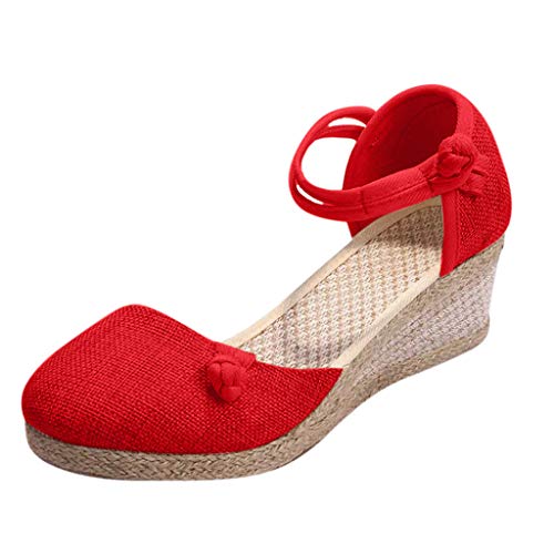 Shengsospp Women's Platform Espadrilles Wedge Sandals Round Toe Sandals for Women Casual Summer Retro Linen Canvas Singles Shoes 11_Red, 7