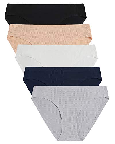 voenxe Women Bikini Underwear,Seamless Breathable Ladies Panties,No Show Comfortable Briefs Undies for Women,Tanga,5-Pack
