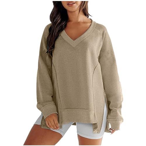 Ceboyel Oversized Sweatshirt for Women Side Slit V Neck Tops Loose Fit Zipper Pullover Hoodies Trendy Winter Clothes 2023 My Orders Khaki M