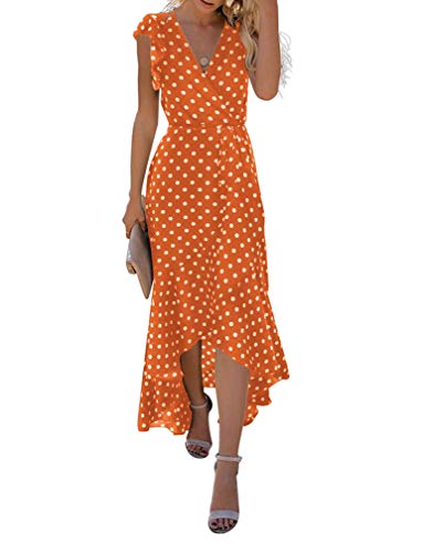 GRECERELLE Women's Summer Floral Print Cross V Neck Dress Bohemian Flowy Long Maxi Dresses PD-Orange-Small