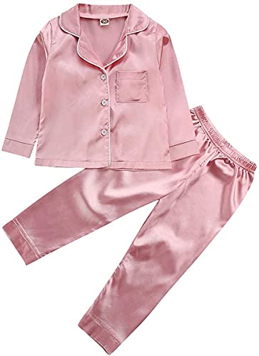 Toddler Baby Girl Satin Silk 3 Piece Long Sleve Collared Button Down Shirts and Pants Casual Cute Clothes Pink 4-5T
