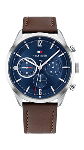 Tommy Hilfiger Men's Stainless Steel Quartz Watch with Leather Strap, Dark Brown, 22 (Model: 1791940)