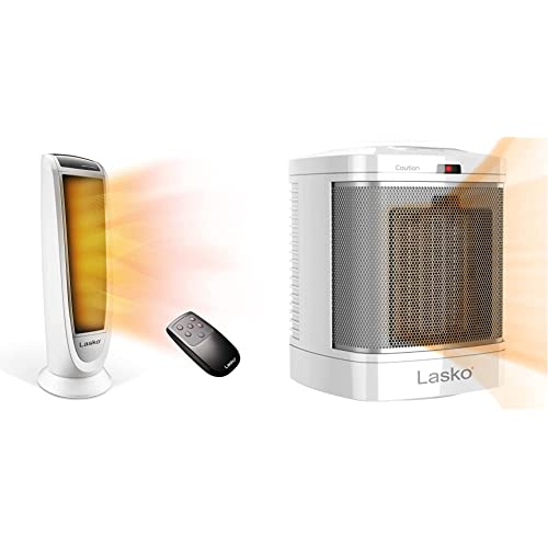 Lasko Oscillating Digital Ceramic Tower Heater, 22.75 Inches, 1500W, White, 5165 & CD08200 Small Portable Ceramic Space Heater for Bathroom and Indoor Home Use, White, 6.25 x 6.25 x 7.65 inches