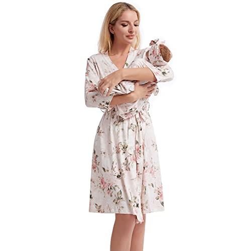 Galabloomer Maternity Robe and Baby Receiving Blanket ,Matching Mommy Labor Delivery Robe and Swaddle Set Vintage Rose