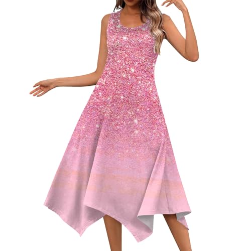 Cute Dresses, Beach Dress Black Slip Dress Ladies Irregular Hem Dress Breathable Round Neck Daily Sleeveless Dressy Midi Women's Printing Casual for Women Wrap Dresses for Women (Pink,XX-Large)