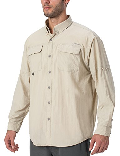 NAVISKIN Men's Sun Protection Fishing Shirts UPF 50+ Long Sleeve Sun Shirts for Men PFG Hiking Travel Shirts Khaki Size L